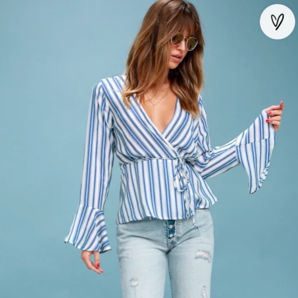 NWOT LULUS Blue and White Striped Wrap Top